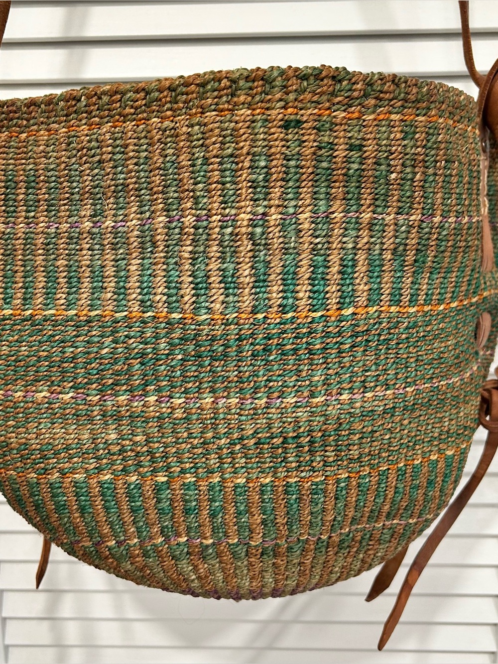 Vintage Woven Sisal Market Tote Bucket Bag Leather Straps Round Striped Boho
